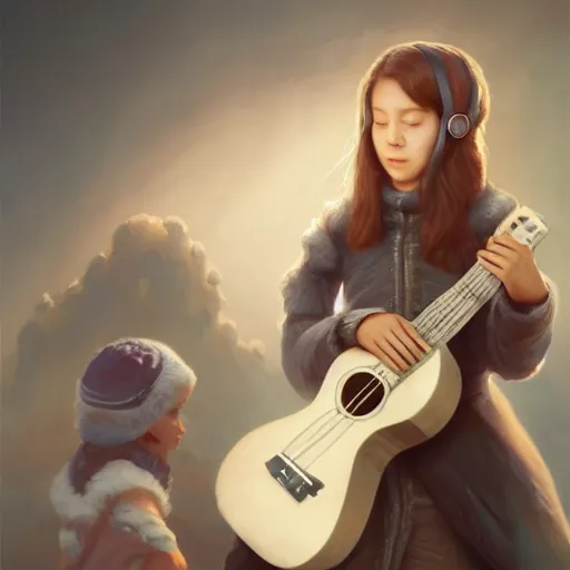 Image similar to 1 2 year old girl playing the ukulele, winds of winter, hyper detailed, digital art, trending in artstation, cinematic lighting, studio quality, smooth render, octane rendered, concept art, sharp focus, illustration, art by artgerm and greg rutkowski and wlop