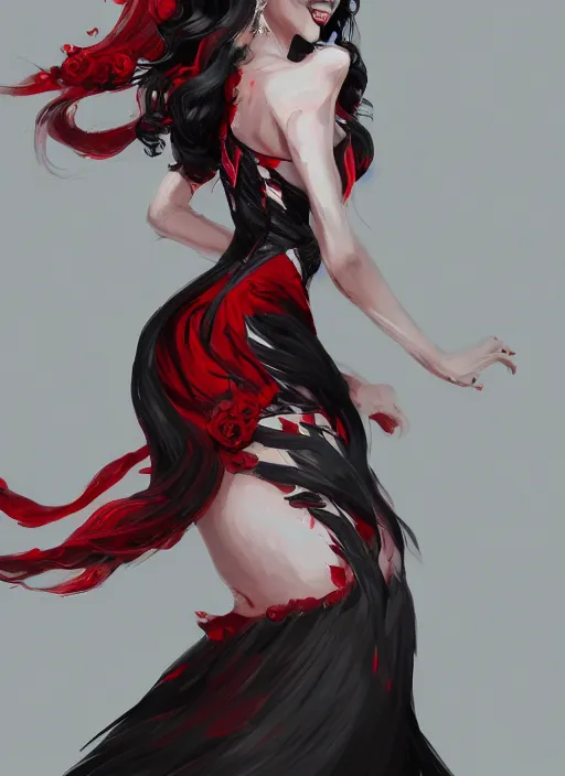 Image similar to a highly detailed illustration of long black hair white woman wearing a red and black dress, dramatic smile pose, intricate, elegant, highly detailed, centered, digital painting, artstation, concept art, smooth, sharp focus, league of legends concept art, WLOP