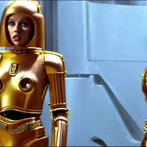 Prompt: a still of Scarlett Johansson next to C3PO in return of the jedi (1983)