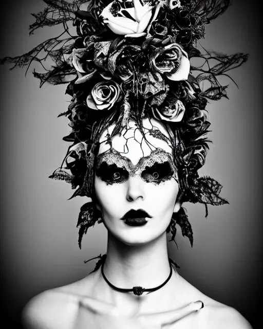 Image similar to surreal dark poetic black and white photo portrait of complex bio-mechanical beautiful young silver female vegetal-cyborg with a fur metal fine lace face, a very long neck and a fine metal floral foliage super big gothic lace collar and high floral crown by Vivienne Westwood:: smoke, high fashion, haute couture, rococo, avant-garde, dry black roses, silver filigree details, anatomical, facial muscles, cable wires, microchip, elegant, dreamy, foggy atmosphere, hyper realistic, 150 mm lens, soft rim light, octane render, unreal engine, picture was taken in 1910 by Man Ray, volumetric lighting, dramatic light,8k,