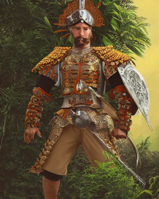 Prompt: 3d render of a spanish conquistador wearing ornate armor in a dense jungle, art by nicola saviori and studio ghibli and disney concept artists, fantasy, intricate, octane, trending on artstation, studio ghibli color scheme, cgsociety, detailed, 8k, concept art, anatomy, symmetric