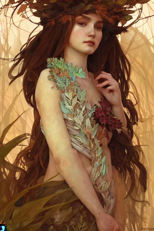 Image similar to beautiful ancient girl in makeshift leaf armor, highly detailed, digital painting, artstation, sharp focus, illustration, art by tan zi and ayanamikodon and alphonse mucha and wlop