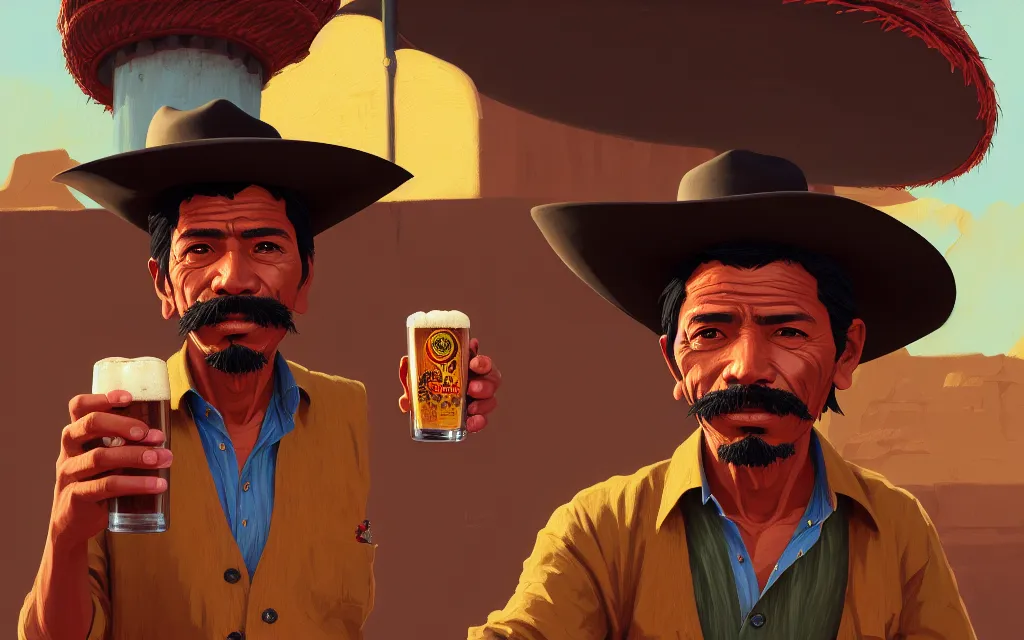 Image similar to photo of juan caloto beer illustration of a mexican man,, with one small, dirt, wild west, with hat, drinking a beer at train station, fantasy, intricate, elegant, highly detailed, digital painting, artstation, concept art by makoto shinkai, ilya kuvshinov, lois van baarle, rossdraws, basquiat,
