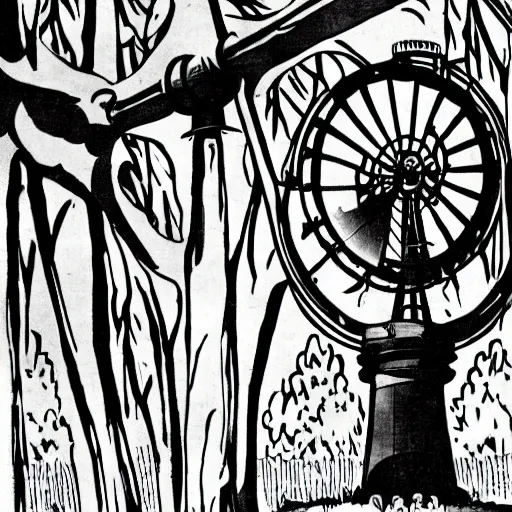 Image similar to magical forest, windmill, 1 9 2 0 s cartoon, black and white, rubber hose, fleischer studios, portrait, merry melodies, sharp focus