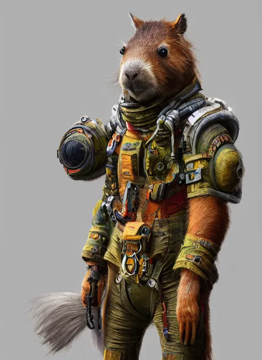 Prompt: detailed full body concept art illustration realistic portrait oil painting of an anthropomorphic capybara pilot in full intricate clothing, biomutant, ultra detailed, digital art, octane render, 4K