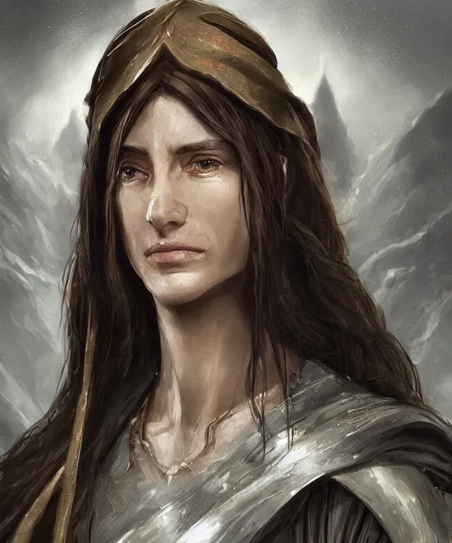 Prompt: nerduilye bertanonel is a 5 3 year old female half - elf cleric, long wavy brown hair and brown eyes, soft black skin. short with a lean build. round stunning face. lawful good, worships torm, god of duty, loyalty, obedience, realistic detail, matte oil painting in the style of raymond swanland