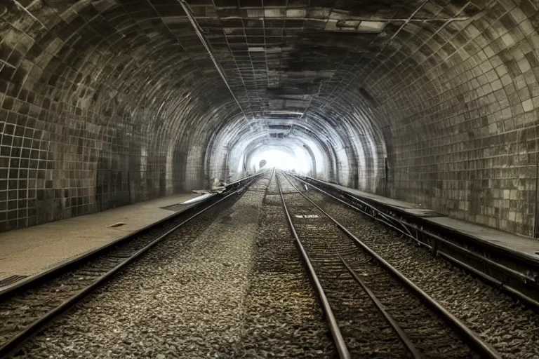 Image similar to very large giant mutant zombie irradiated ( angry rat ) staying on railways in tonnel of moscow subway. giant rat. 4 k, very realistic. extreme long shot, low dark light, scary mood, anish kapoor, herman nitsch.