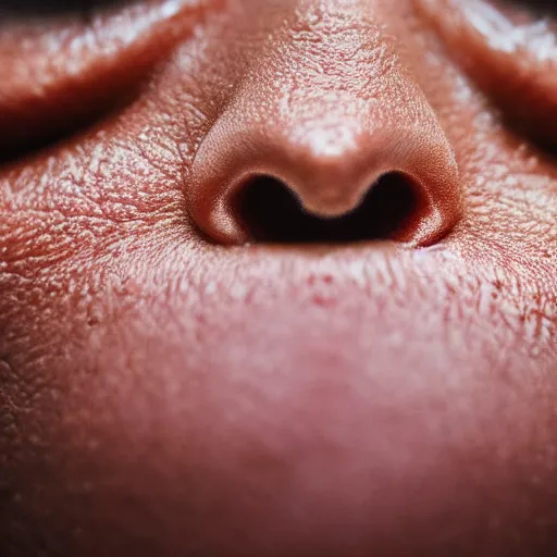 Prompt: a highly detailed, macro shot of a human nose, 8k, depth of field