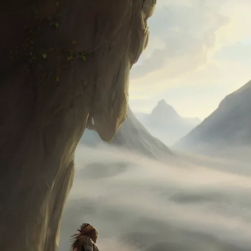 Image similar to digital portrait painting of an adventurer woman facing away from the camera, looking at cliffs and mountains in the distant fog, trending on artstation, cgsociety