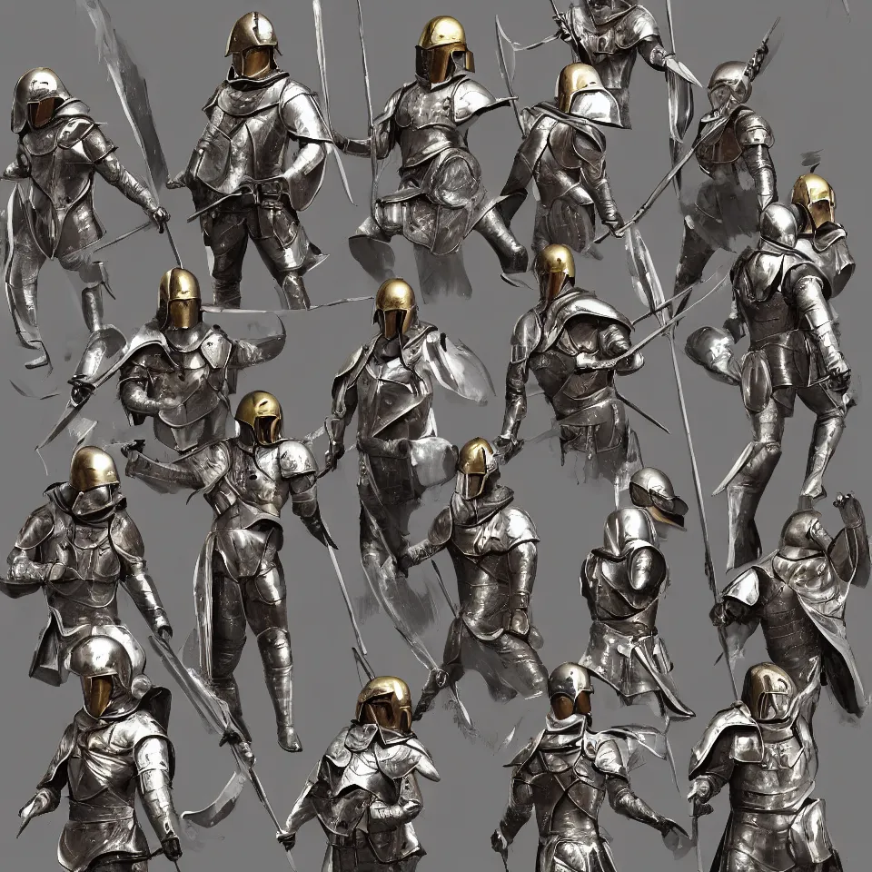 Prompt: photo of elite members of a medieval army wearing silver suits and golden helmets, realistic, trending on artstation