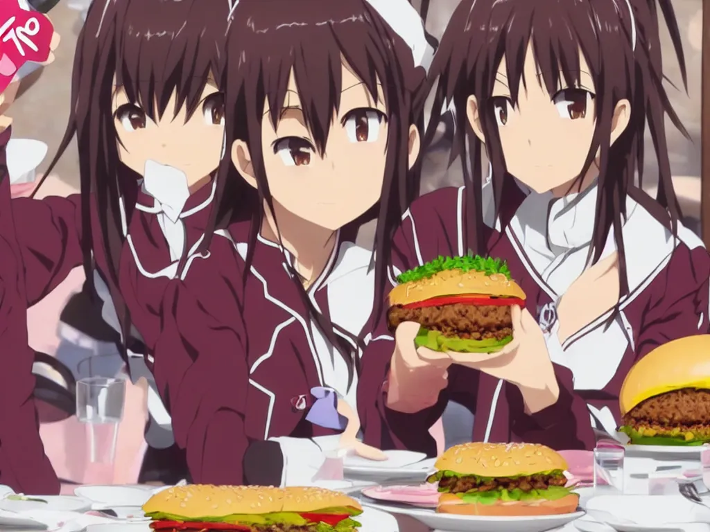 Image similar to yuuki konno from sword art online eating a big burger and being happy, High Definition detail, 8K, anime