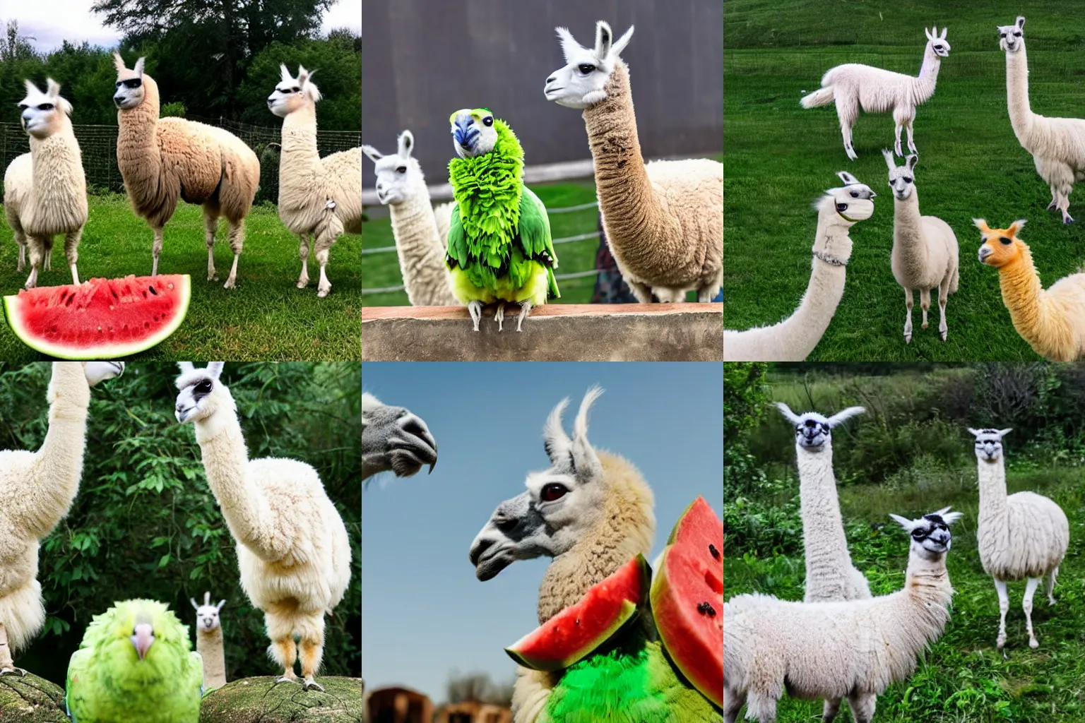 Prompt: Llamas dancing on top of parakeets eating a watermelon