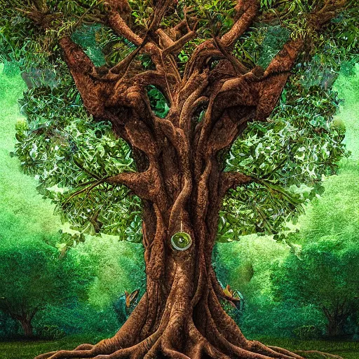 Image similar to tree of life showing various animal and plant species as leaves, digital art, highly detailed