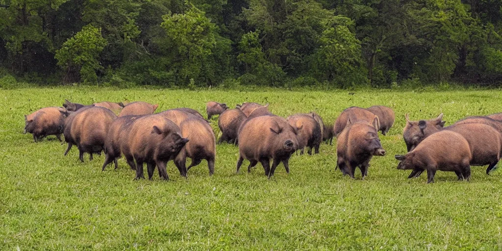 Image similar to a trap camera photo of a big group of wild boars in a field, real, photography
