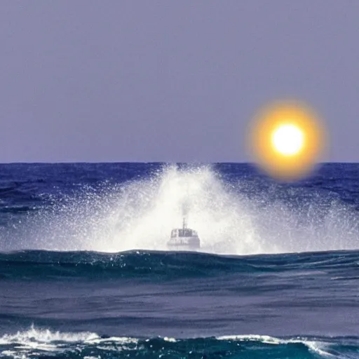 Image similar to the photo shows a large, disk - shaped object hovering in the sky above the ocean waves and mountains. the object appears to be surrounded by a golden bright aura. there is no sign of any engines or propulsion system. the photo was taken by a professional photographer.