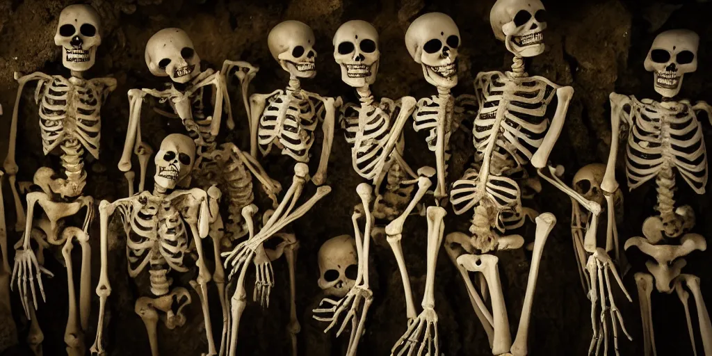 Prompt: skeletons holding each other in fear for their lives, dimly lit underground wide angle view
