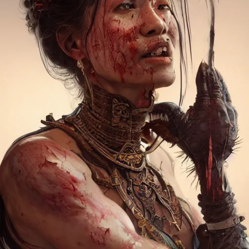 Image similar to portrait painting of a muscular bloodied dark nepali female butcher back, ultra realistic, concept art, intricate details, eerie, highly detailed, photorealistic, octane render, 8 k, unreal engine. art by artgerm and greg rutkowski and alphonse mucha