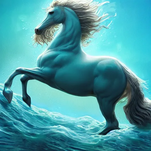 Image similar to a fantastical transparent small turquoise spirit horse made of water and foam and algae and ice, splashing water, wave, translucent, ethereal, noble, radiant, hyperalism, scottish folklore, digital painting, artstation, concept art, smooth, 8 k frostbite 3 engine, ultra detailed, art by artgerm and greg rutkowski and magali villeneuve