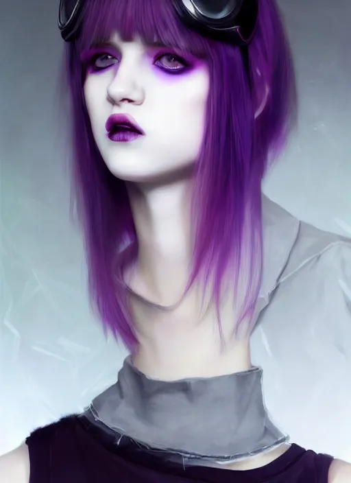 Image similar to portrait of white teenage girl, normal face, white bangs, mall goth, cyberlox, black and white hair, bangs, fluffy bangs, red contact lenses, purple lipstick, intricate, elegant, highly detailed, digital painting, artstation, concept art, sharp focus, smooth, illustration, art by wlop, mars ravelo and greg rutkowski