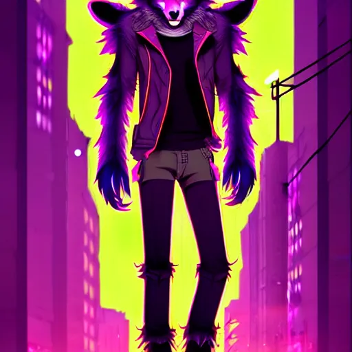 Image similar to beautiful furry digital art portrait commission of an androgynous furry anthro wolf fursona wearing punk clothes in the streets of a cyberpunk city. neon signs. character design by charlie bowater, ross tran, artgerm, and makoto shinkai, detailed, inked