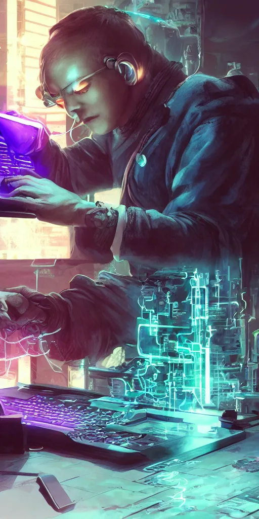 Prompt: concept art, cyberpunk alchemist tapping computer keyboard, backlight, mystery, omnipotent, high detail, 8 k.