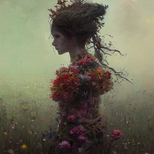 Prompt: a beautiful terrifying girl made of flowers. ethereal horror fantasy art by greg rutkowski and magali villanueve and monet, concept art, smooth, cinematic lighting, 8 k resolution