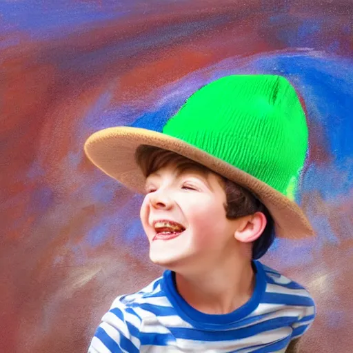 Prompt: a kid grinning wearing a blue sock hat over his eyes, green shirt and brown jumping high in the air painting, high details