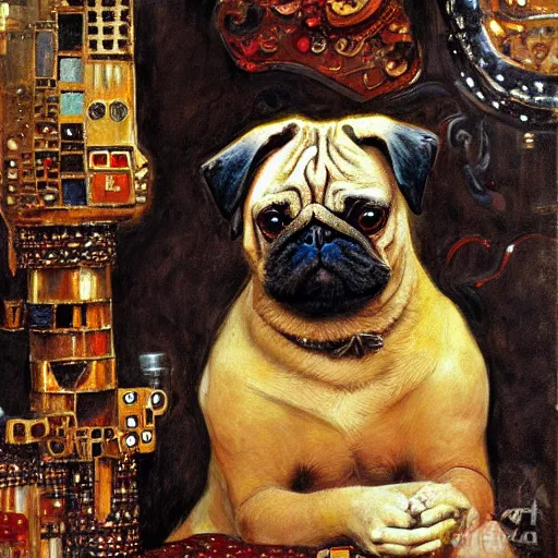 Image similar to pug dog robot smoking a hooka, intricate detail, painting, jazz age, klimt, royo, frazetta, whealan,