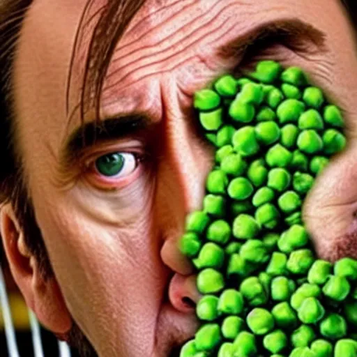 Image similar to nicolas cage trapped in a wicker cage with peas on his face, dying