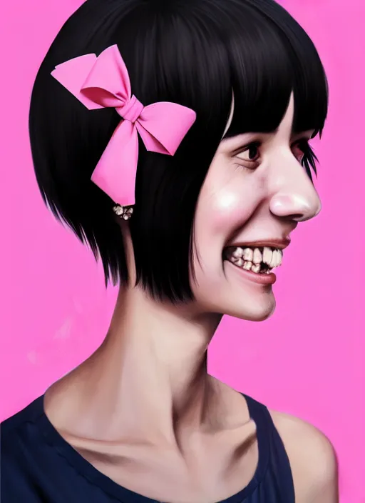 Image similar to portrait of high school girl, realistic, black hair, bangs, half updo hairstyle, pointy nose, skinny, smile, ugly, defined jawline, big chin, pink hair bow, earrings, intricate, elegant, glowing lights, highly detailed, digital painting, artstation, sharp focus, illustration, art by wlop, mars ravelo and greg rutkowski