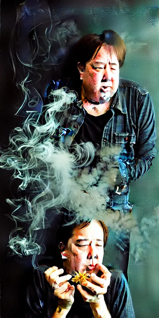 Image similar to award winning photo of BILL HICKS smoking weed in new york, vivid colors, happy, symmetrical face, beautiful eyes, studio lighting, wide shot art by gregory crewdson, Sally Mann & Arnold Newman