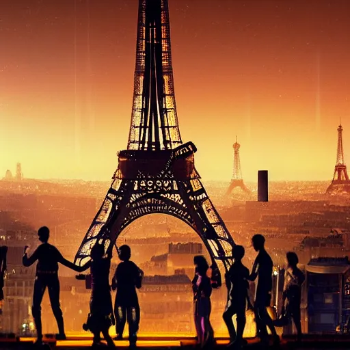 Image similar to cyberpunk 1 9 th century paris, eiffel tower on the background, glowing people, realistic image 4 k, digital art, trending on artstation