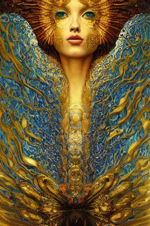 Prompt: Visions of Paradise by Karol Bak, Jean Deville, Gustav Klimt, and Vincent Van Gogh, visionary, otherworldly, celestial fractal structures, infinite angel wings, ornate gilded medieval icon, third eye, spirals, heavenly spiraling clouds with godrays, airy colors