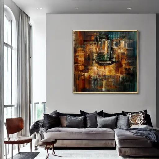 Image similar to mockup photo of luxury contemporary interior with large contemporary paintings for rich collectors, trending on pinterest, sharp hdr cinematic lighting 8 k