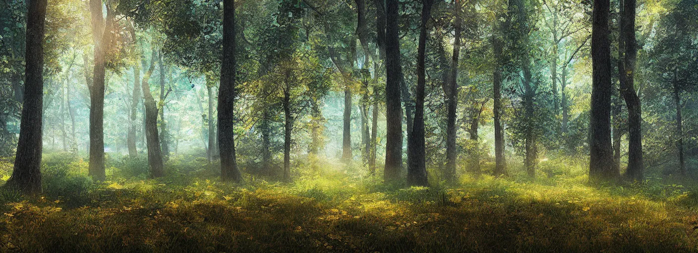 Image similar to a clearing in a forest, digital art, highly detailed, realistic, bright colors, 8 k