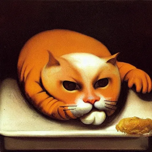 Prompt: realistic baroque painting of a giant fat orange tabby cat preparing to devouring a steaming hot lasagna, oil painting by goya, caravaggio, dramatic lighting, garfield by jim davis