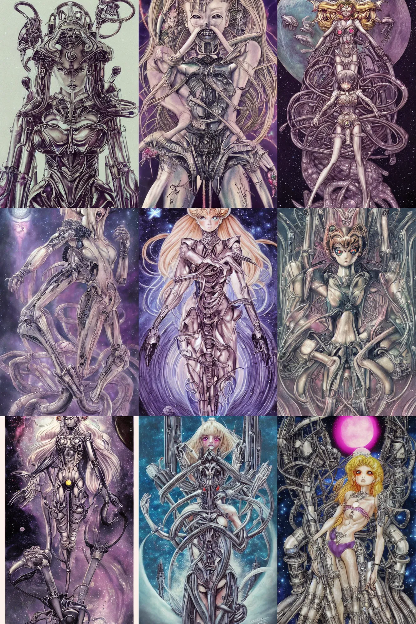 Prompt: h. r. giger inspired sailormoon!!!!!!!!, hyper realistic, fantasy art, in the style of naoko takeuchi, chris foss and alan lee, intricate, hyper detailed, smooth