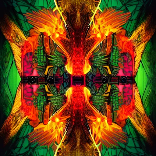 Image similar to three - headed cyberpunk flaming hell chicken, sacred geometry background, alchemy, merkabah, psychedelic, pop art in the style of frank lloyd wright