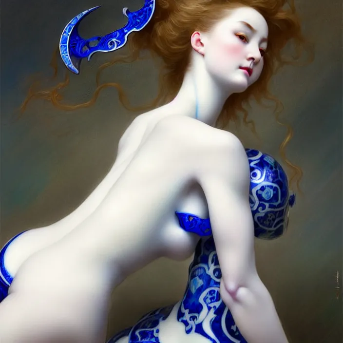 Image similar to porcelain cyborg, Chinese Blue and white porcelain 14th century, diffuse lighting, fantasy, intricate, elegant, highly detailed, lifelike, photorealistic, digital painting, artstation, illustration, concept art, smooth, sharp focus, art by John Collier and Albert Aublet and Krenz Cushart and Artem Demura and Alphonse Mucha