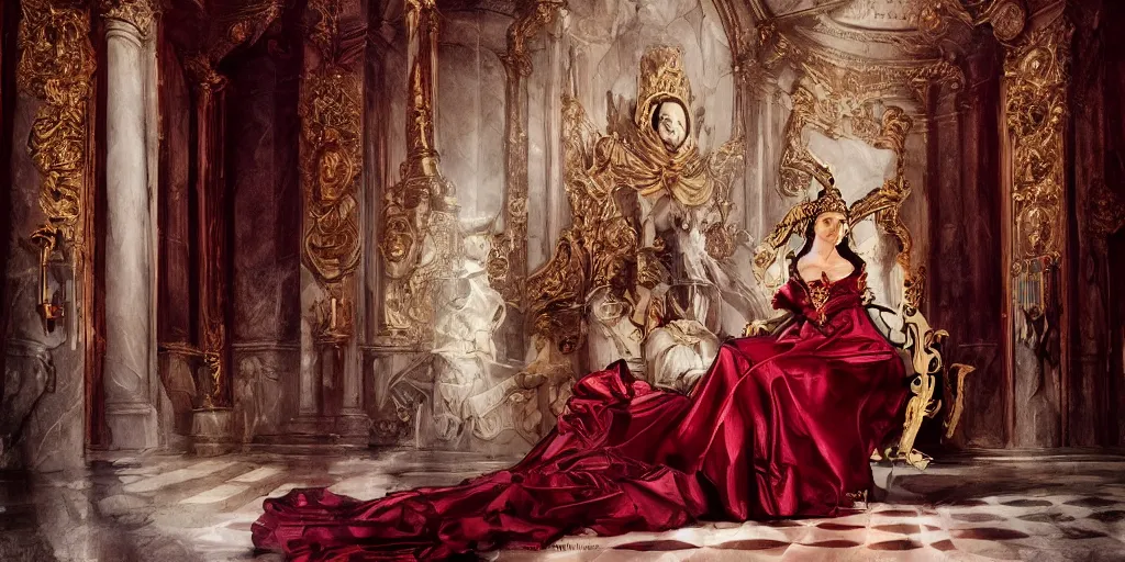 Prompt: epic, cinematic, leading lines, low angle, a 1 7 th century beautiful queen, sitting on the throne, symmetry, baroque interior, shiny marble floor, ornate dark red opulent clothing, scifi, futuristic, optimistic, acrylics painting, expressive, impressionism, masterpiece