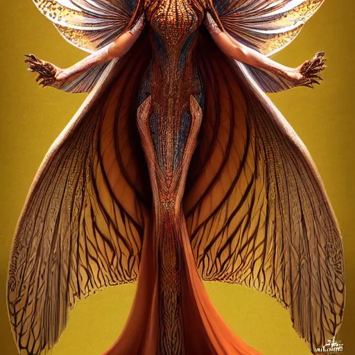Image similar to a beautiful symmetrical woman full body wearing a kaftan dress with translucent wings by alex gray and android jones , Karol Bak, Ayami Kojima, Amano , concept art, character design, fantasy,3D, 8k resolution