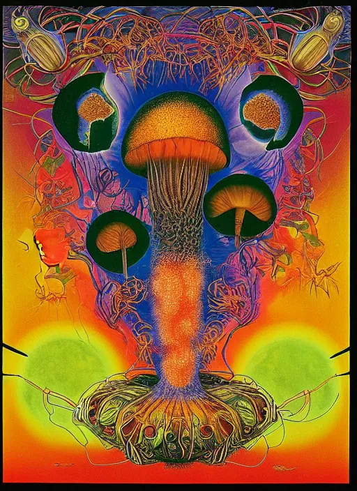 Image similar to 8 0 s new age album cover depicting a mushroom cloud in the shape of g steph curry, very peaceful mood, cardiovascular system, nervous system, oil on canvas by ernst haeckel, by frida kahlo