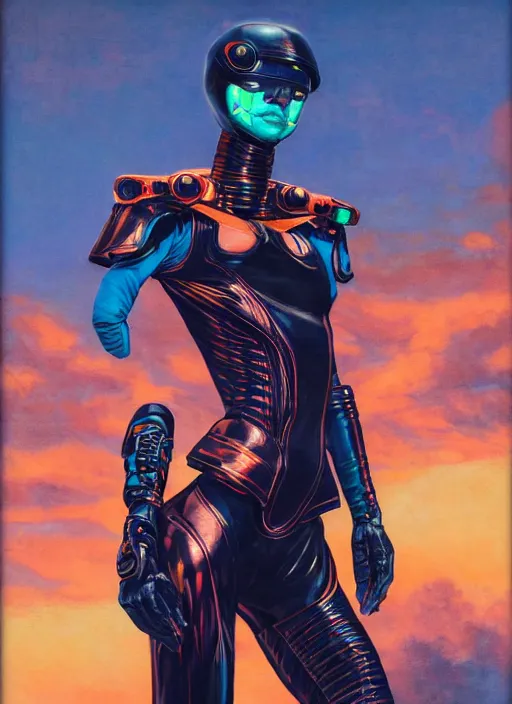 Image similar to symmetry!! dynamic pose, closeup portrait of a cyborg racer girl, leather jumpsuit, shoulder pads, cinematic light, backlight, teal orange, by gerald brom, clouds by mikhail vrubel, by peter elson, muted colors, extreme detail, trending on artstation, 8 k