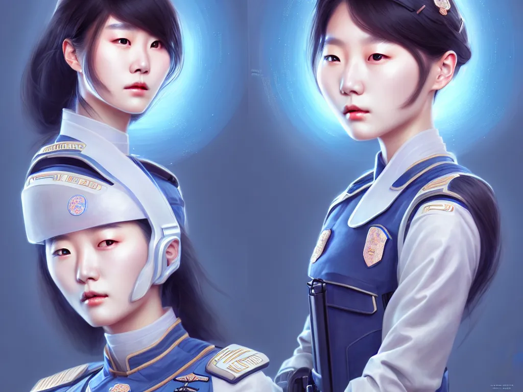 Image similar to portrait futuristic korea police uniform girl, at future neon light rooftop, ssci - fi and fantasy, intricate and very very beautiful and elegant, highly detailed, digital painting, artstation, concept art, smooth and sharp focus, illustration, art by tan zi and ayanamikodon and alphonse mucha and wlop