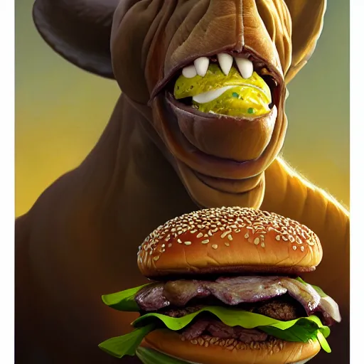 Prompt: portrait of barney the dinosaur eating hamburgers, extra onions and ketchup, luscious patty with sesame seeds, ethereal, handsome, d & d, fantasy, intricate, elegant, highly detailed, digital painting, artstation, concept art, matte, sharp focus, illustration, art by artgerm and greg rutkowski and alphonse mucha