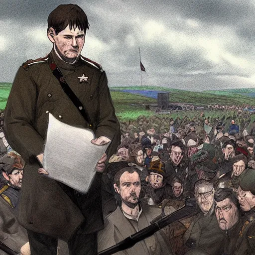 Image similar to irish rebel leader michael collins giving a speech to rebels in the irish countryside, highly detailed, digital painting, concept art, sharp focus, by makoto shinkai