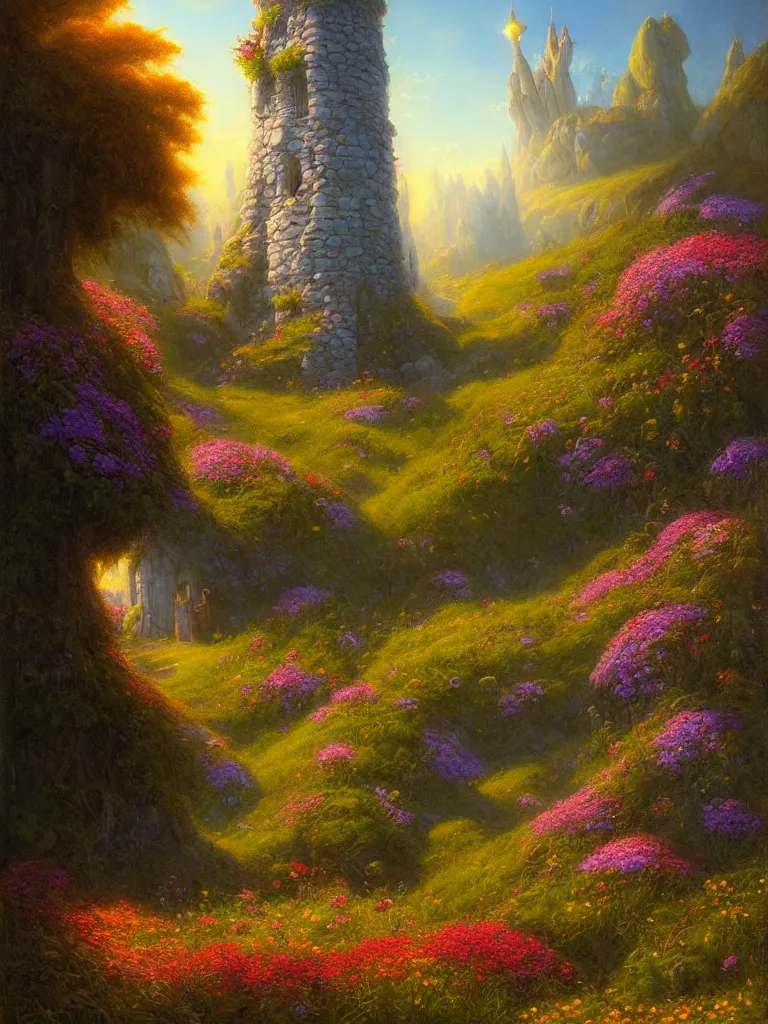 Prompt: a wizard tower by Justin Gerard, field of flowers, morning light