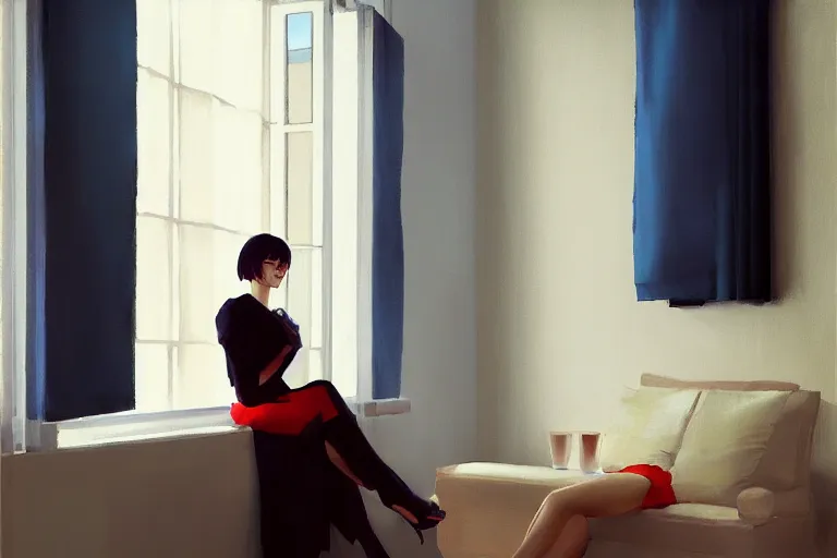 Image similar to A ultradetailed beautiful panting of a stylish woman sitting next to a window of a moders apartment, Oil painting, by Ilya Kuvshinov, Greg Rutkowski and Makoto Shinkai