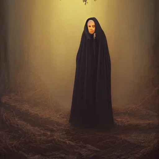 Image similar to a portrait of a young woman wearing a long dark cloak, hood and shadows covering face, holding golden chains, oil painting, matte painting, black background, Volumetric Golden dappled dynamic lighting, Highly Detailed, Cinematic Lighting, Unreal Engine, 8k, HD, by Beksinski