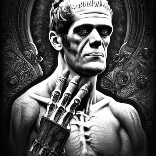 Image similar to An intricate detailed complex pencil drawing of frankenstein, dead eyes , contrast atmosphere, majestic, symmetrical face, artgerm, Dark mist, portrait, detailed monochrome, featured on artstation hd, detalied complex of monster illustration, character design art, border and embellishments dslr, hyperreal by Alphonse Mucha